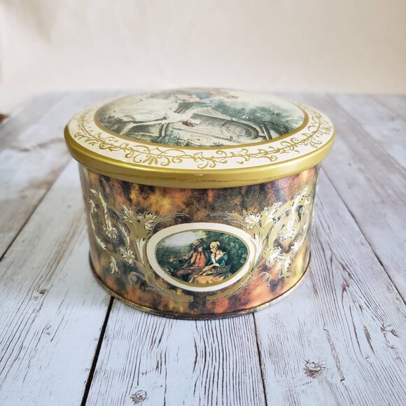 French Style Metal Chocolate Box Cookie Tin Round Can w Lid Bougie Family Scene - Picture 7 of 10